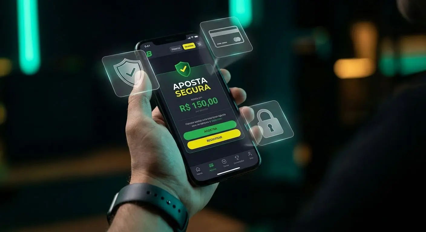App de apostas seguro no celular com ícones de segurança e pagamentos