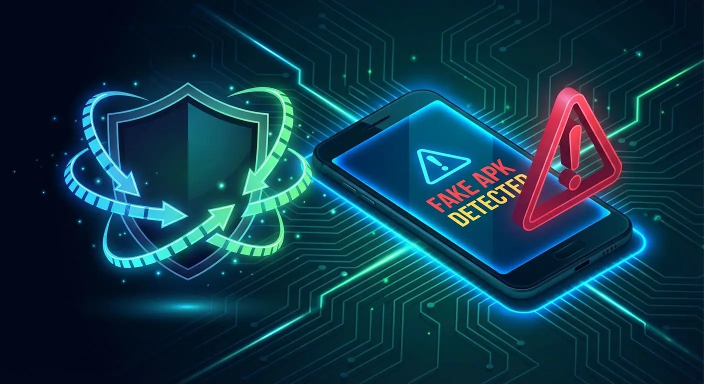 Escudo com setas de atualização e alerta de APK falso ao lado de smartphone