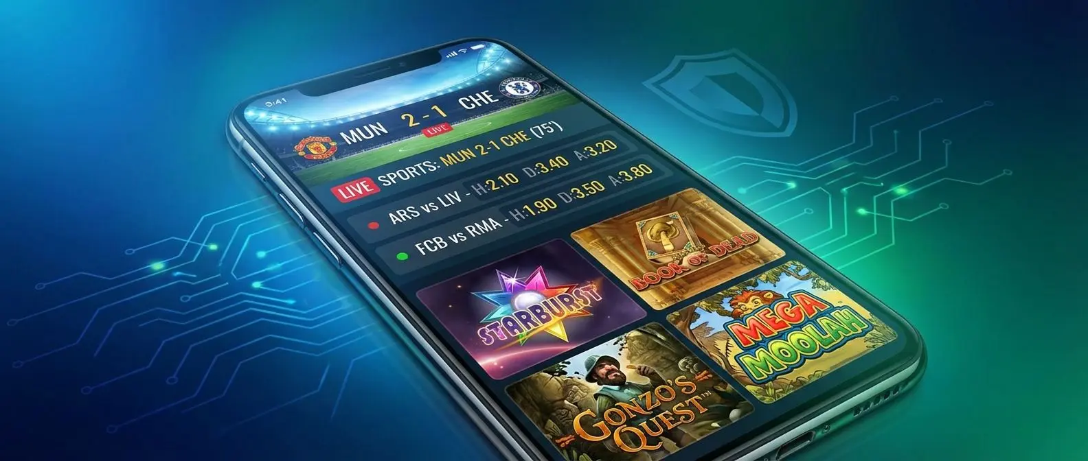 Banner com smartphone exibindo interface de apostas esportivas e cassino do app Betesporte