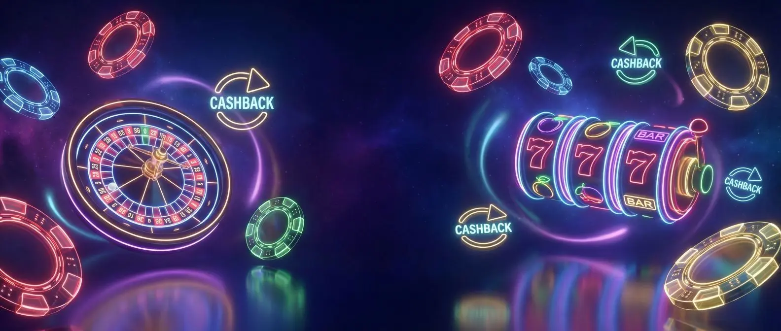 Vitrine neon de bônus e cashback de cassino com fichas e roleta em destaque