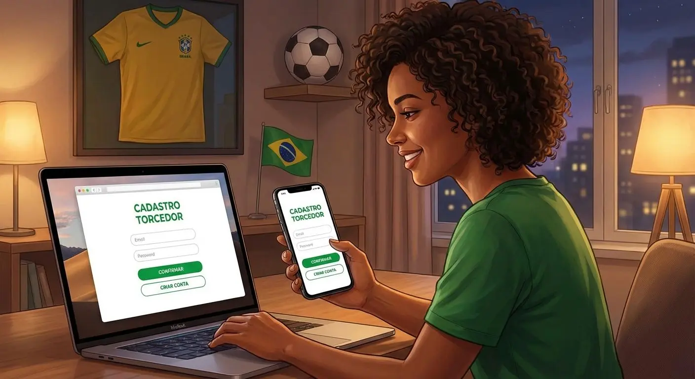 Tela de cadastro online aberta em notebook e celular com tema de futebol