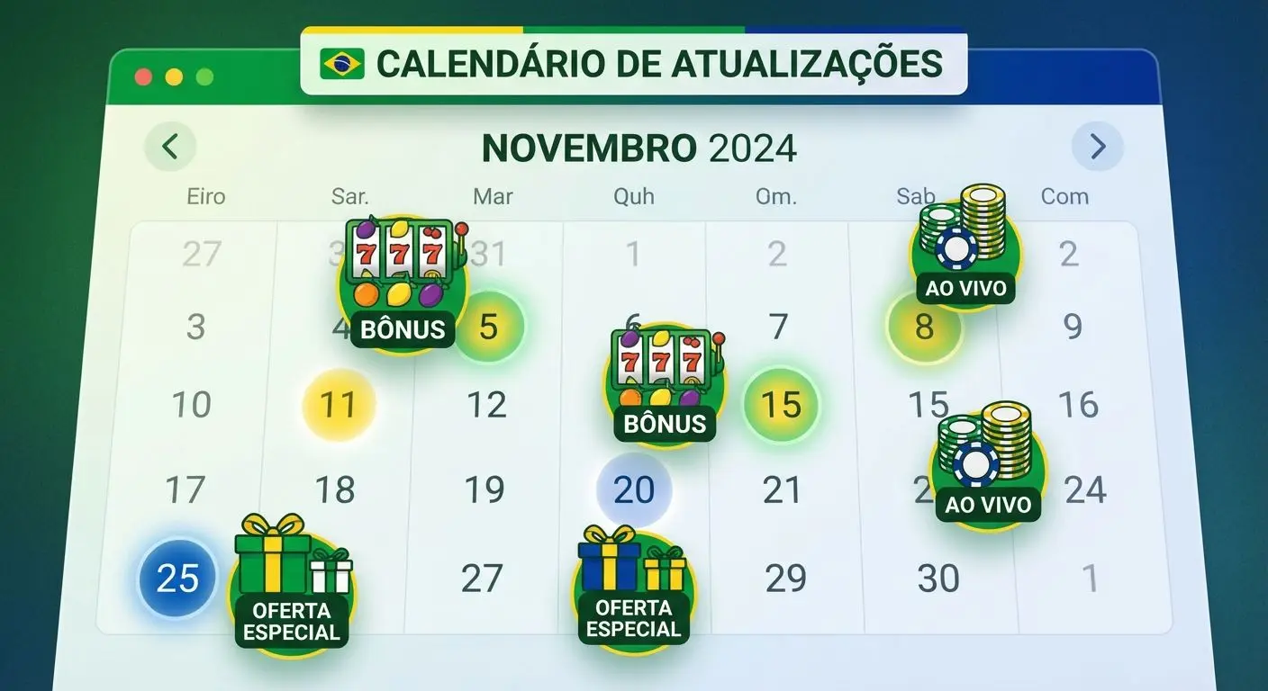 Calendário com ícones de bônus, slots e live casino representando atualizações