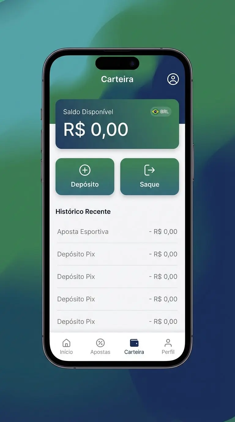 Tela de carteira e pagamentos com opções de depósito e saque