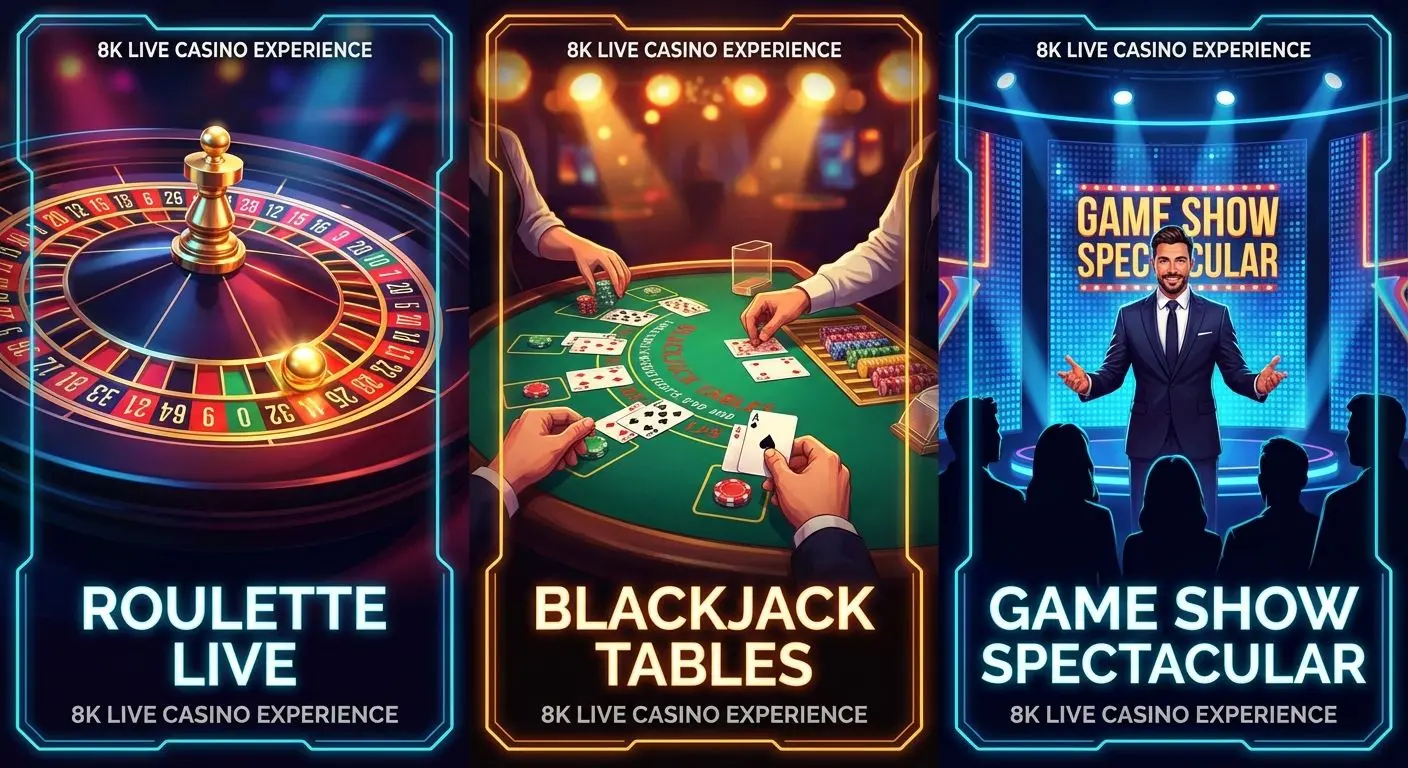 Colagem com roleta ao vivo, mesa de blackjack e game show
