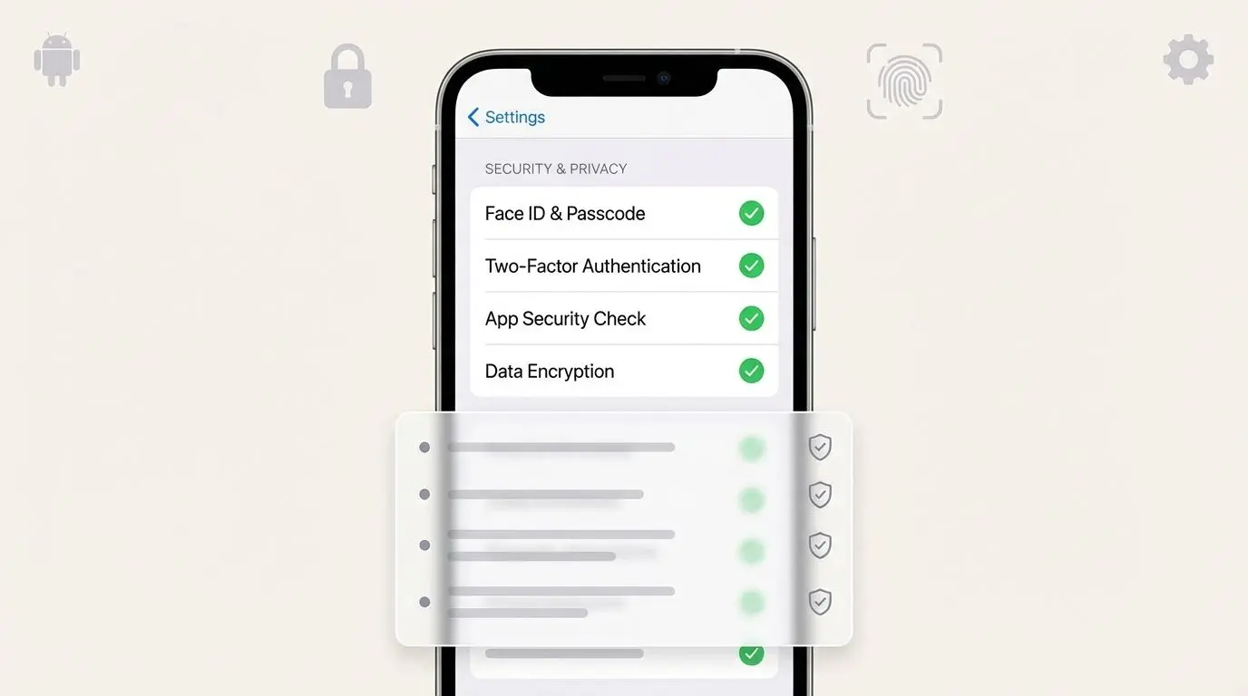Checklist de segurança em tela de celular com várias opções marcadas