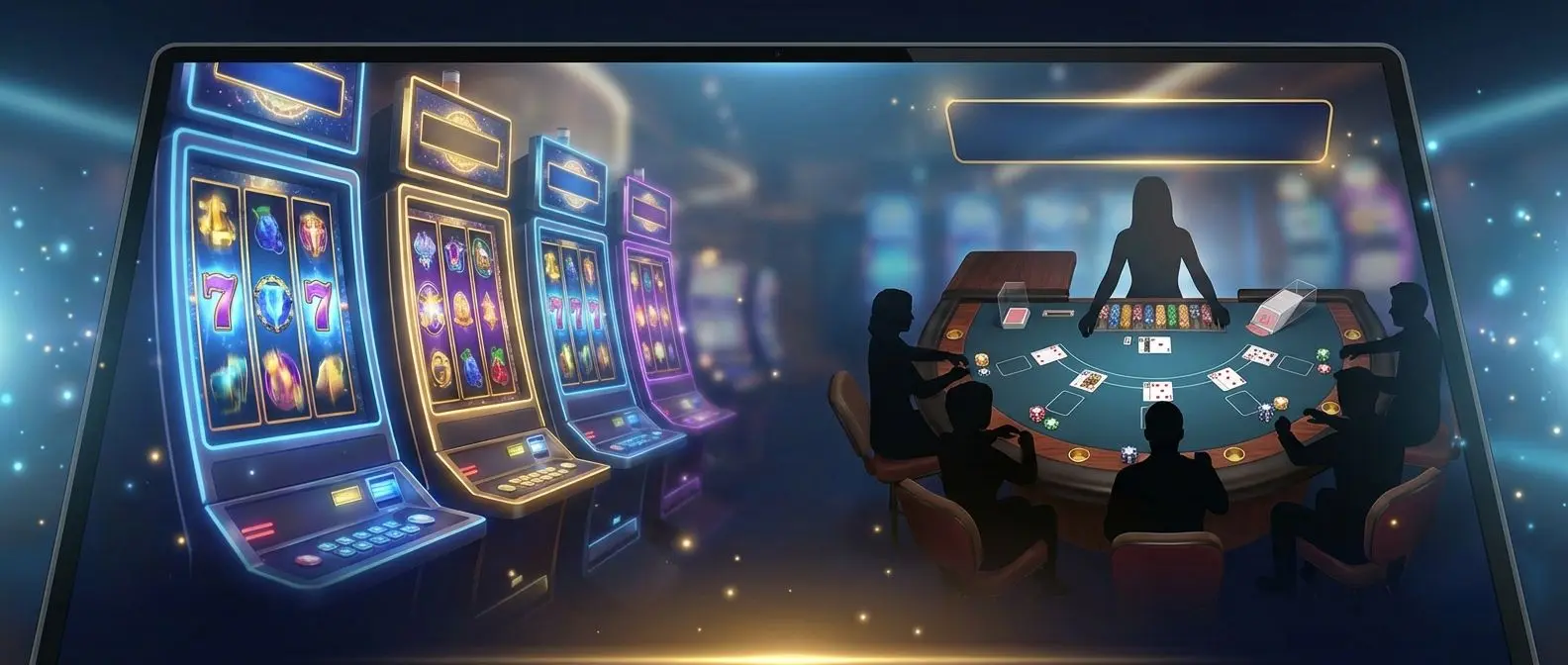 Ambiente de cassino online com slots e mesa ao vivo em clima sofisticado