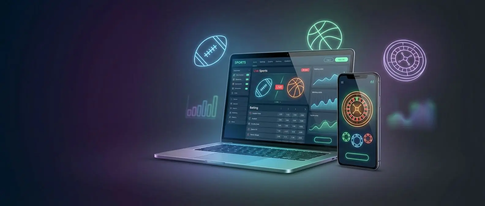 Interface de apostas esportivas e cassino online em notebook e celular