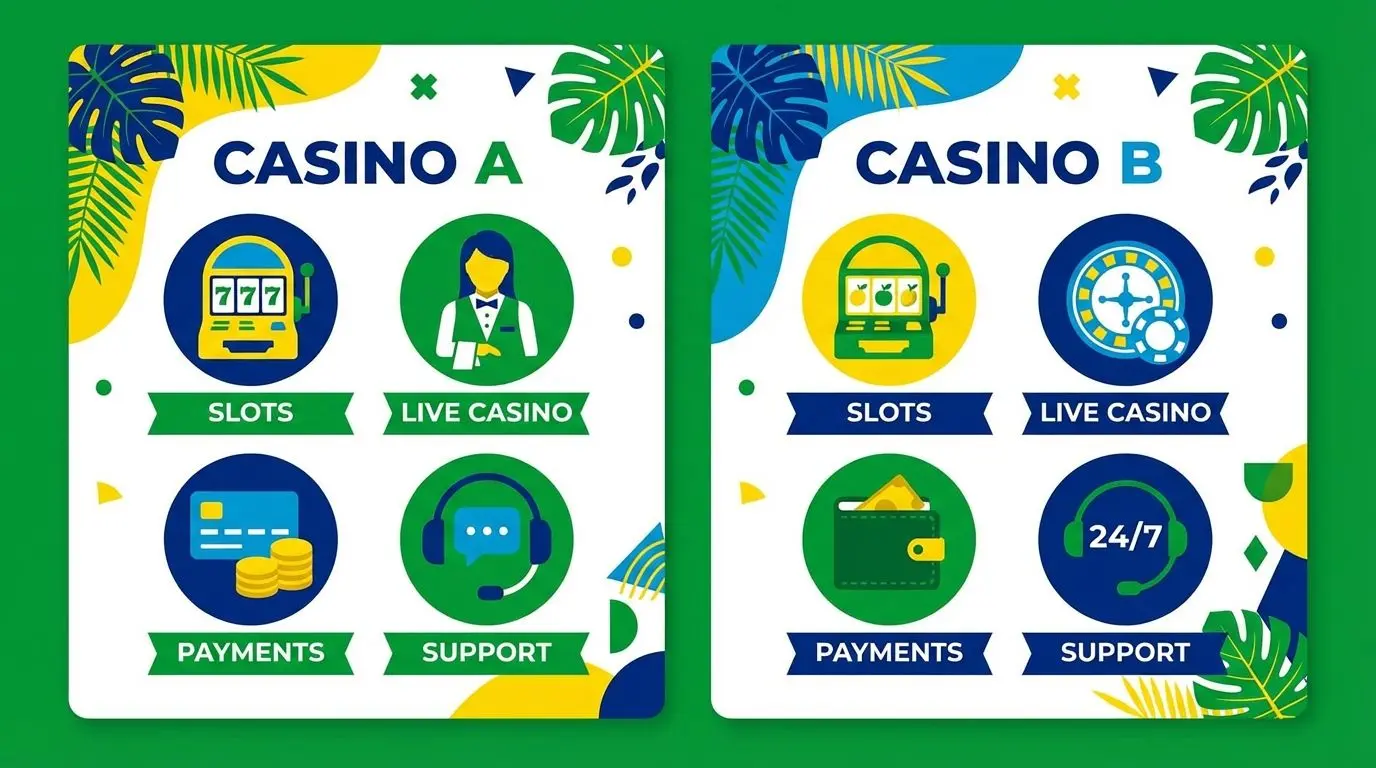 Ilustração de comparação entre dois cassinos online com critérios lado a lado