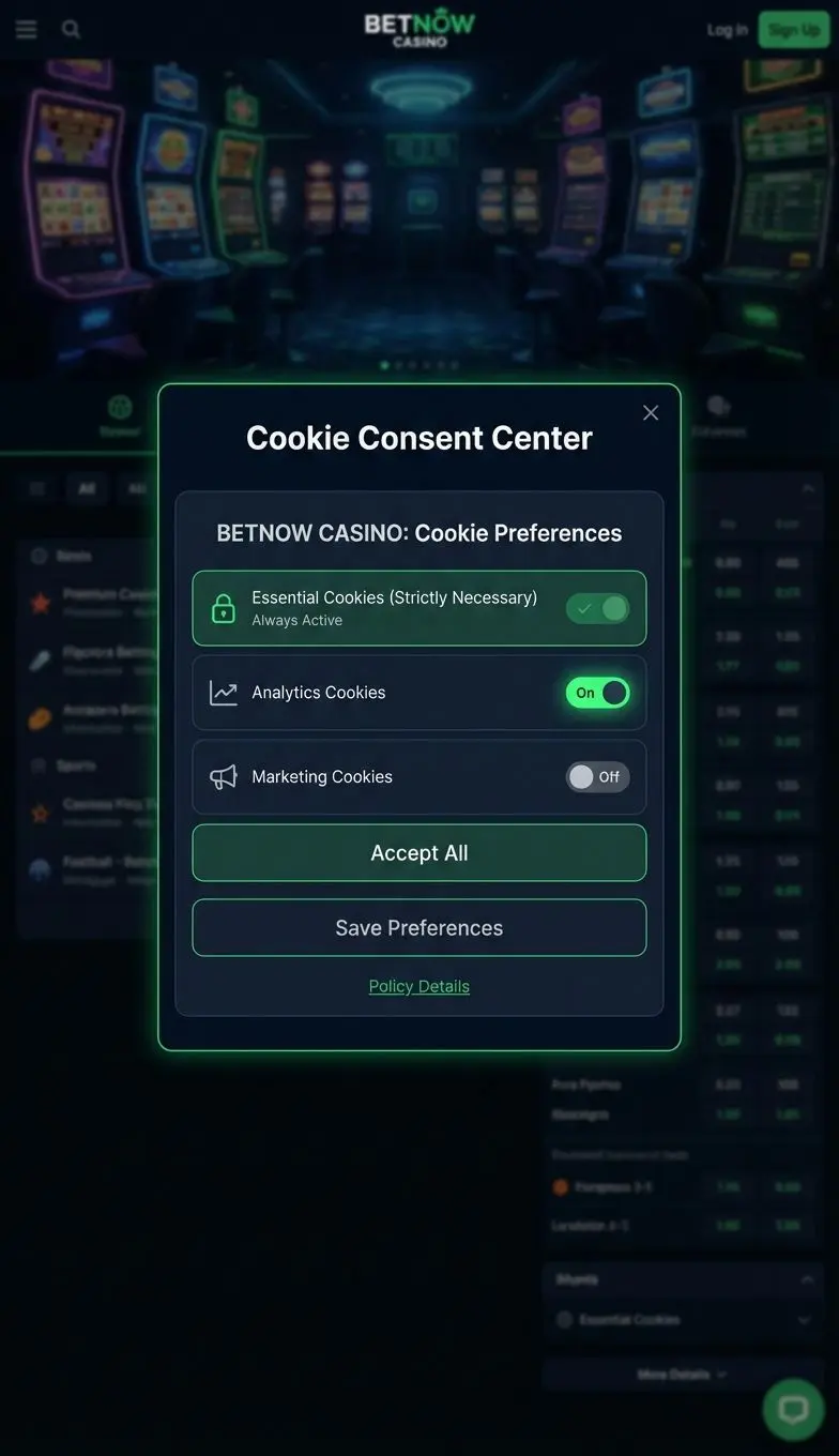Interface ilustrativa de centro de preferências de cookies em site de apostas