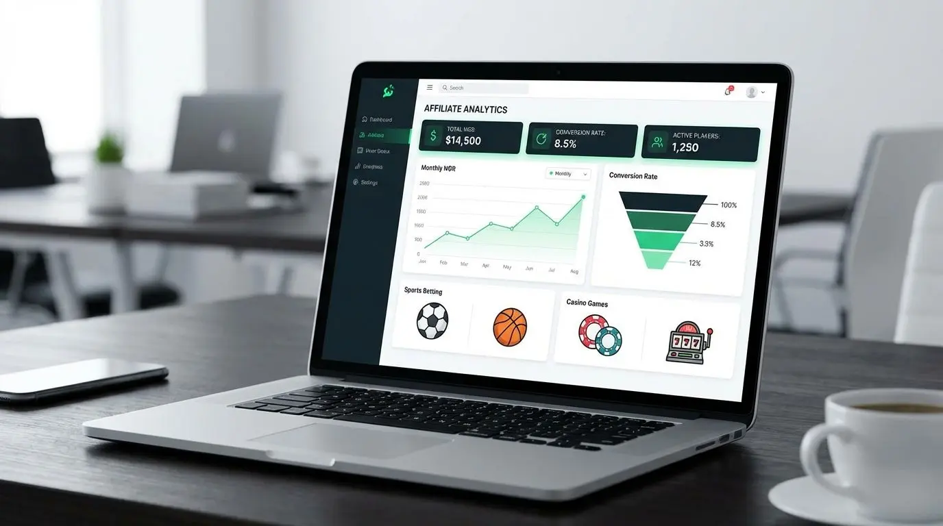 Dashboard de relatórios do programa de afiliados BetEsporte com gráficos e métricas