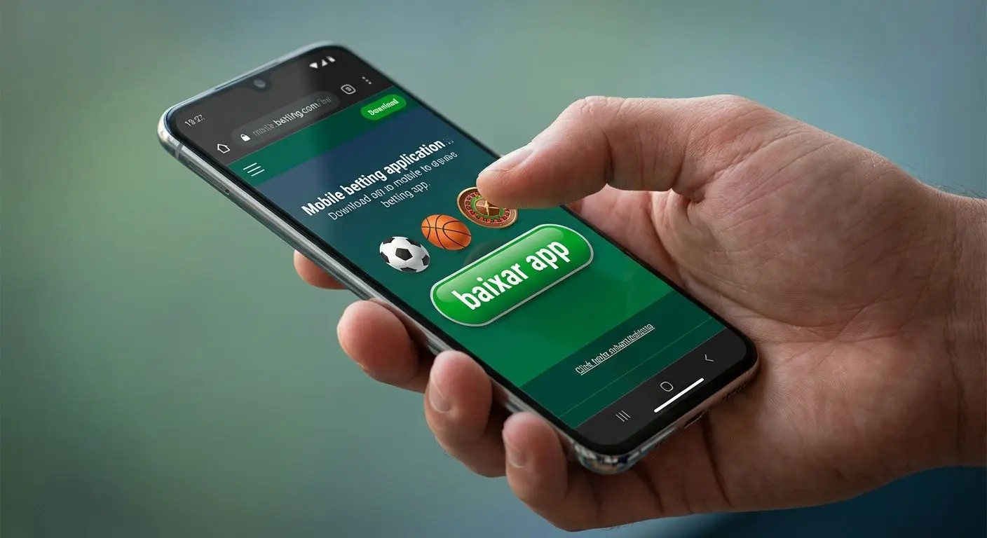 Tela de smartphone com página de download do Betesporte App em destaque