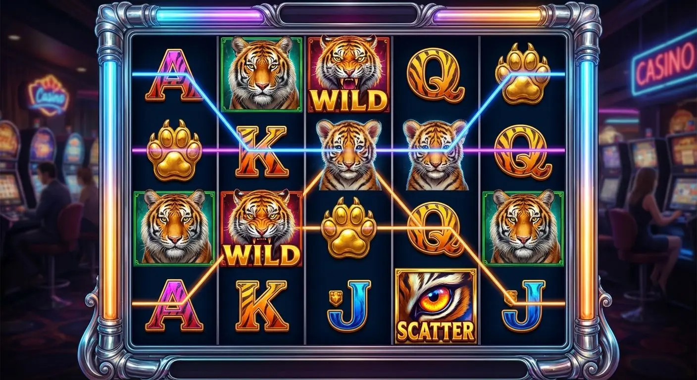 Rolos de caça-níqueis com símbolos do tigre, wild e linhas destacadas