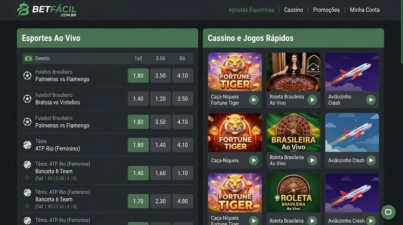 Tela inicial de plataforma de apostas com esportes e cassino lado a lado