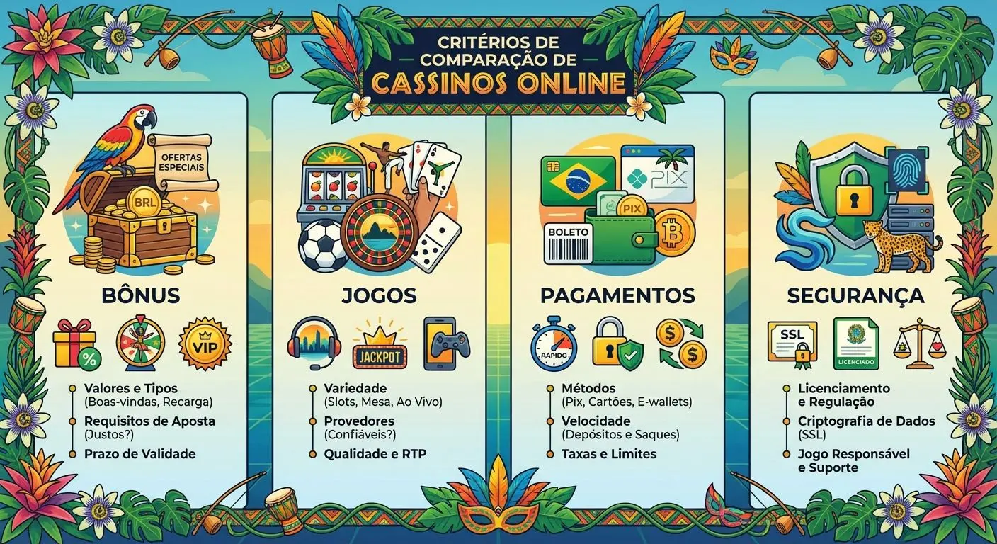 Infográfico com critérios para comparar cassinos online