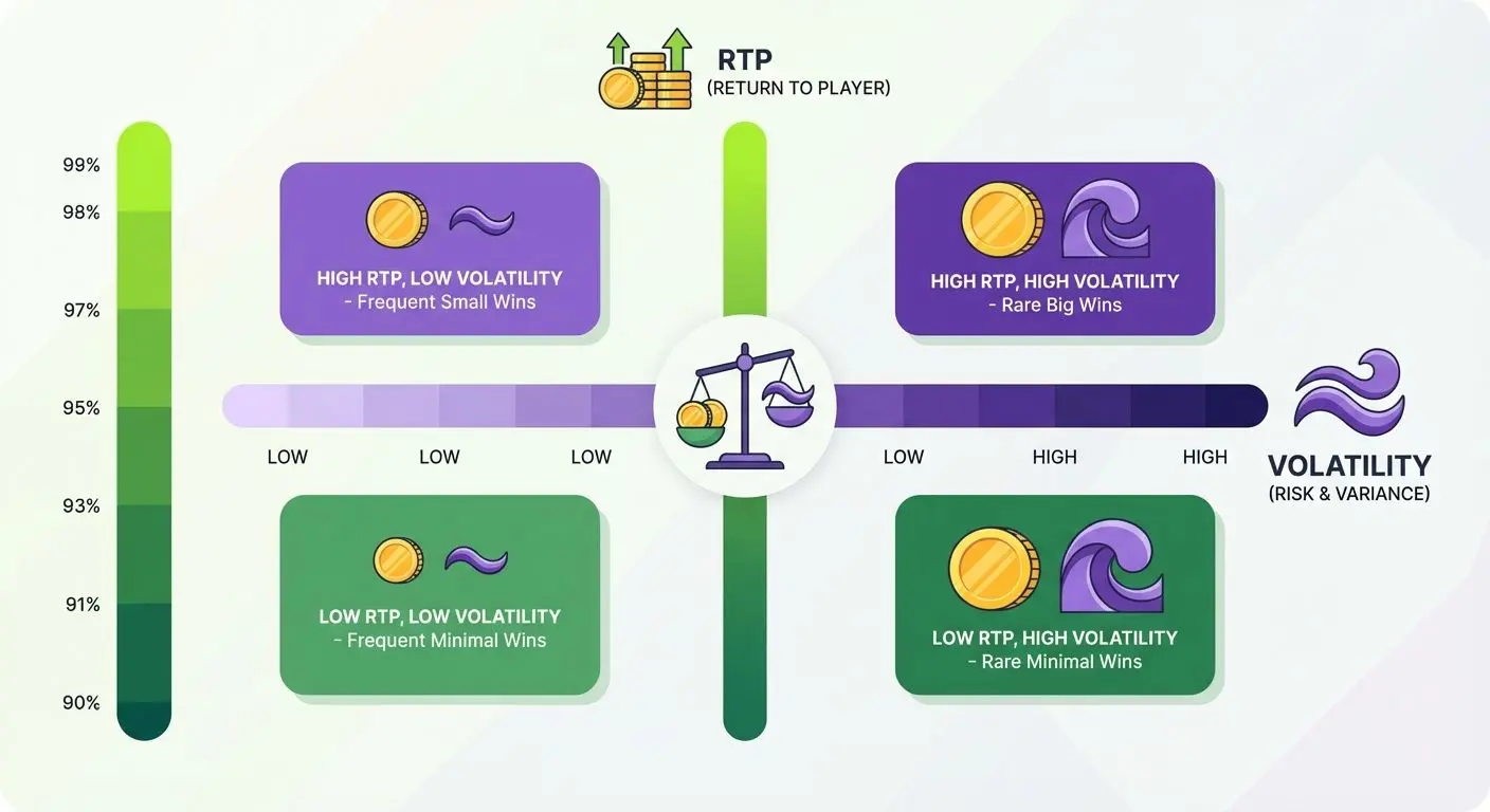Infográfico conceitual comparando RTP e volatilidade em jogos de slots