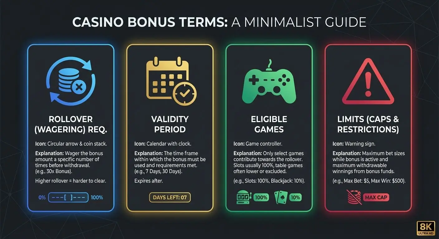 Infográfico com principais termos de bônus de cassino como rollover e validade