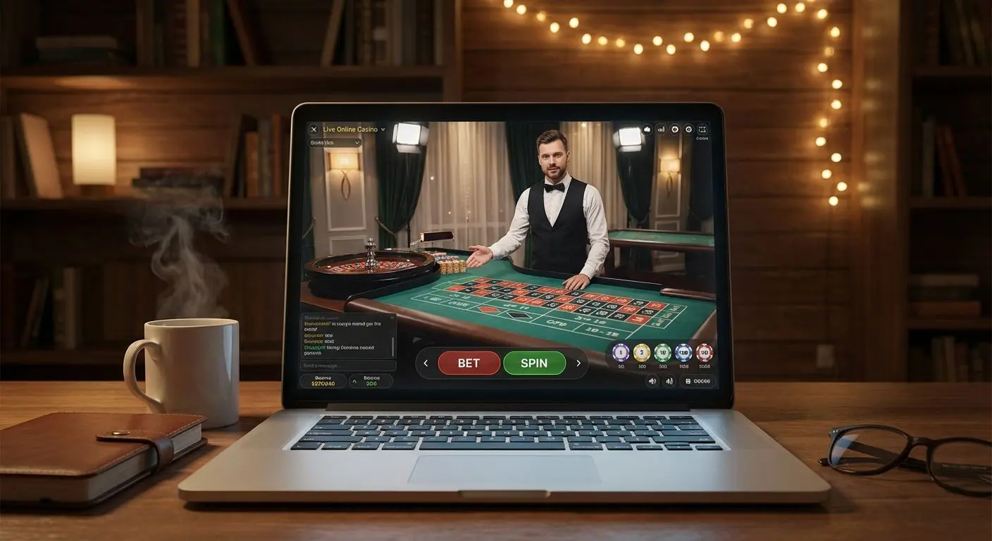 Tela de casino online ao vivo com dealer e mesa de roleta
