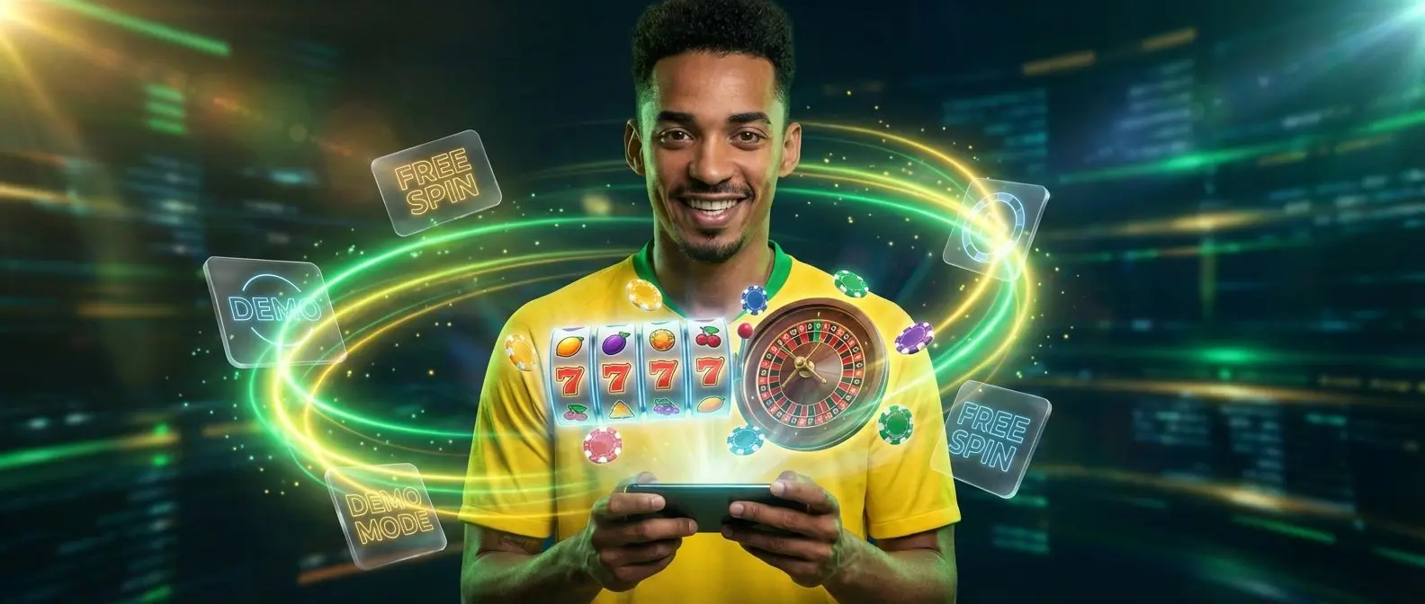 Jogador brasileiro testando jogos de cassino no celular em modo demo grátis