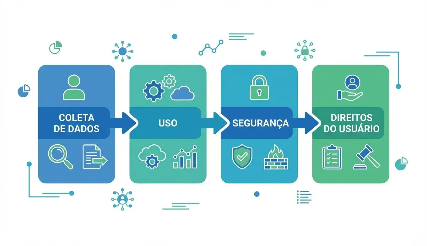 Mapa visual da política de privacidade com etapas de coleta, uso, segurança e direitos