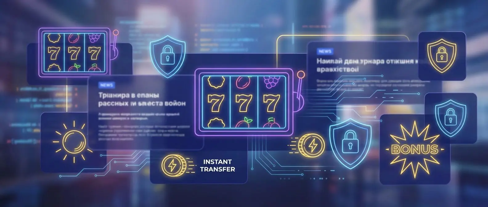 Colagem de novidades do cassino com slots, bônus, segurança e pagamentos