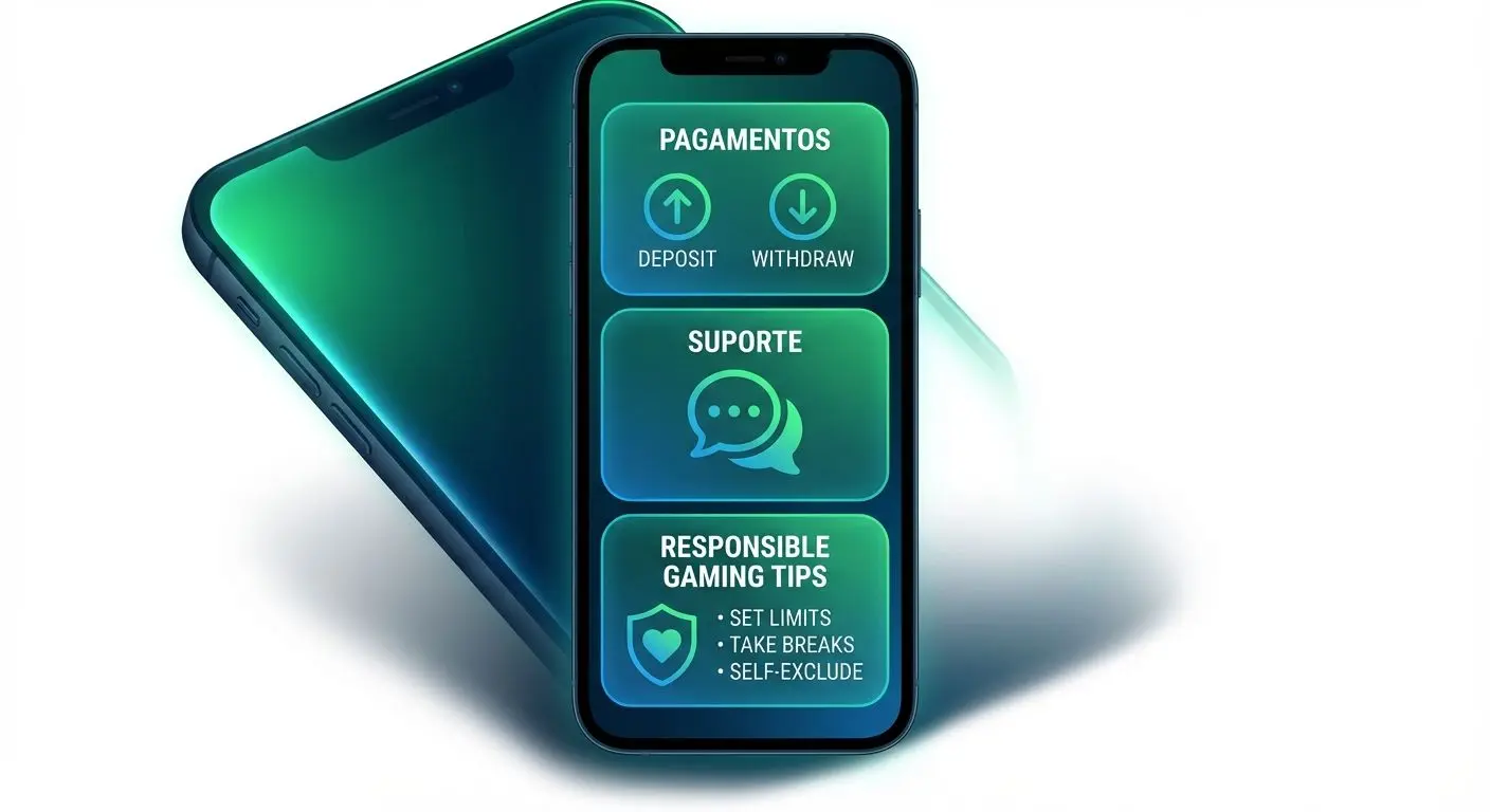 Tela do Betesporte App com áreas de pagamentos, suporte e dicas de uso responsável