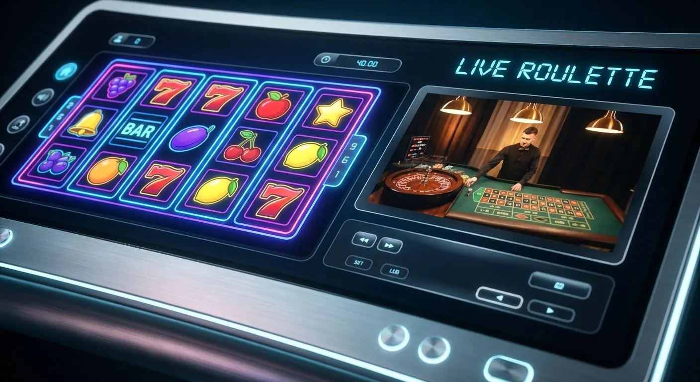 Catálogo com slots online e mesa de roleta ao vivo em interface de cassino