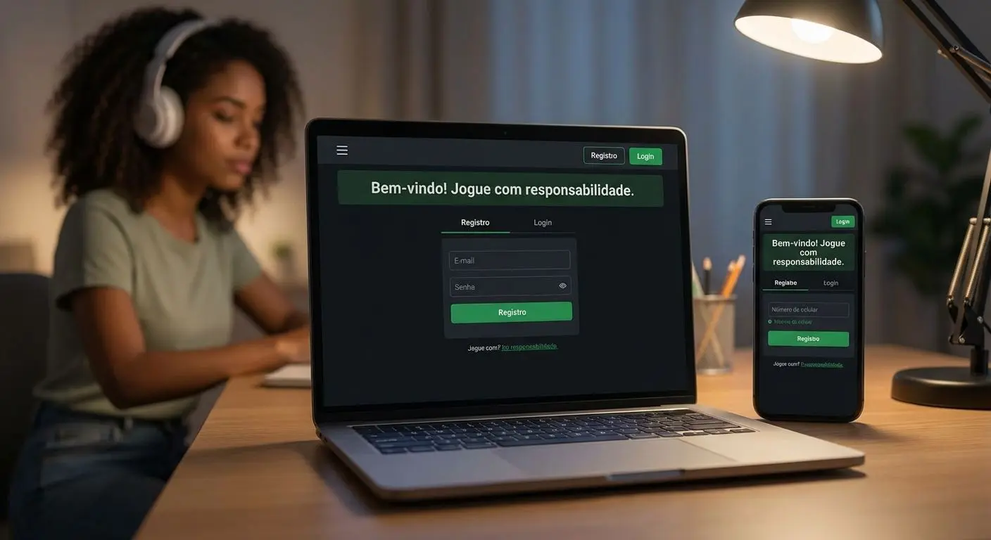 Tela de cadastro e login de cassino online em notebook e celular