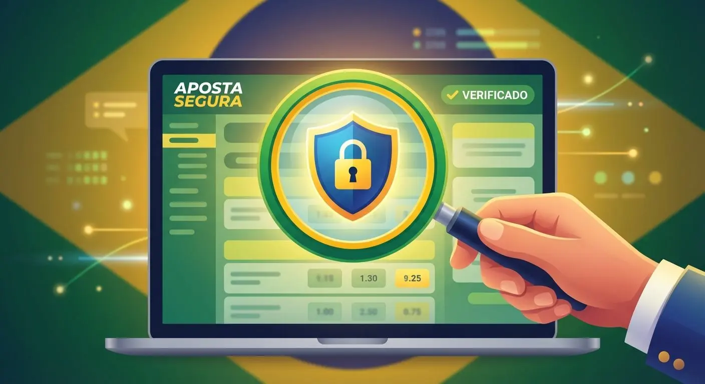 Ilustração de lupa analisando escudo de segurança em site de apostas online